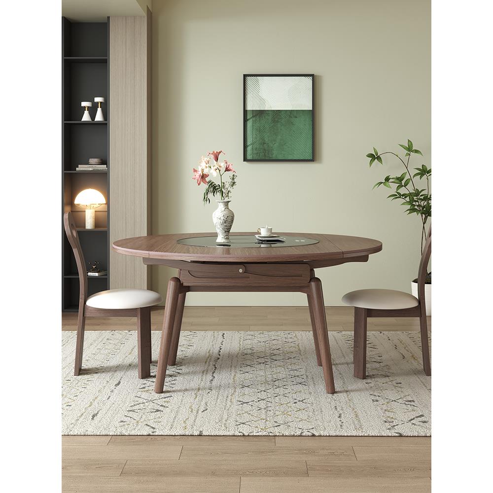 中古风伸缩多功能木纹岩板圆实木餐桌电磁炉暖菜旋转折叠智能转盘