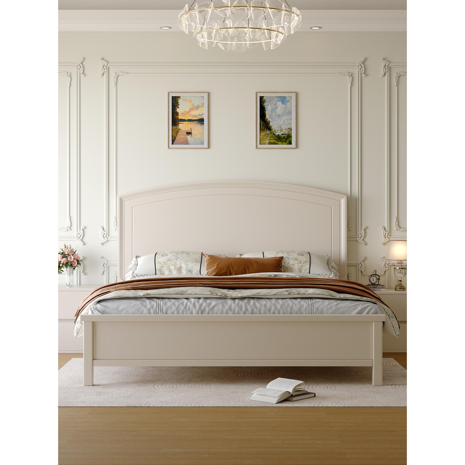 家用全实木床现代简约2米×2米主卧大床法式轻奢白色胡桃木储物床