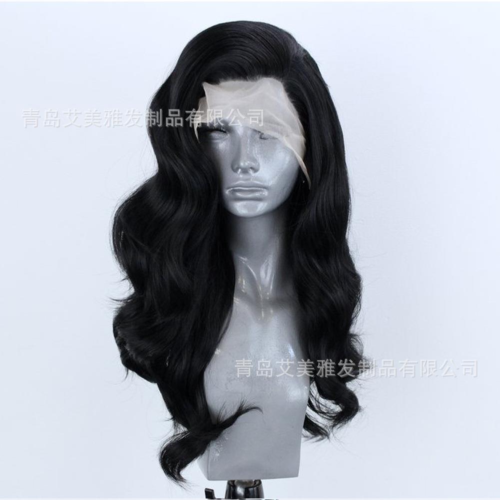 新款直销欧美时尚女士前蕾丝偏分长卷发黑色蓬松大波浪化纤头发套