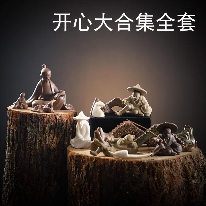 直销新款 紫砂工艺品创意陶瓷家居摆件姜太公钓鱼盆景假山装小摆