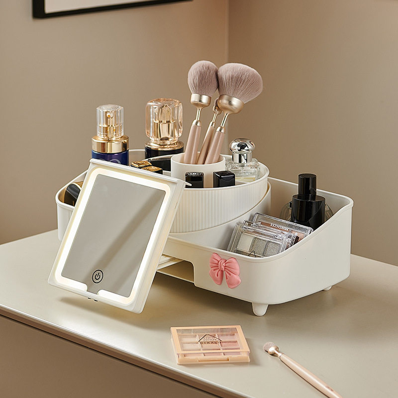 D可旋转c化妆刷口红眼影梳妆置物架化妆品收纳盒带镜子一体桌面