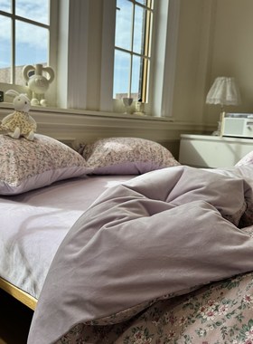 ins田园紫色碎花棉加绒四件套A面纯棉B面宝宝绒1.5m1.8保暖加厚冬