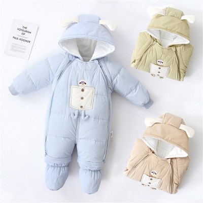 婴儿冬季羽绒服加厚保暖防风连体衣外出服套装新生宝宝哈抱衣包脚
