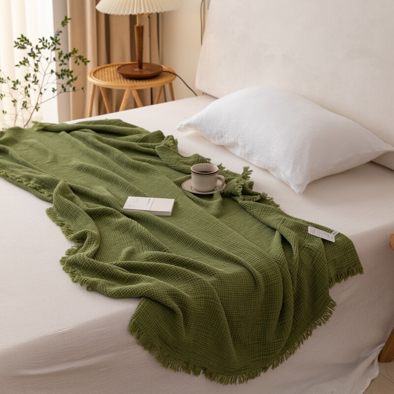 A类墨绿褶皱流苏毛巾被夏季薄款四层纱布被子 柔软床单毛盖毯