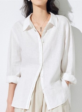 白色全亚麻长袖衬衫女2025夏装新款韩版大码胖MM小众宽松慵懒衬衣