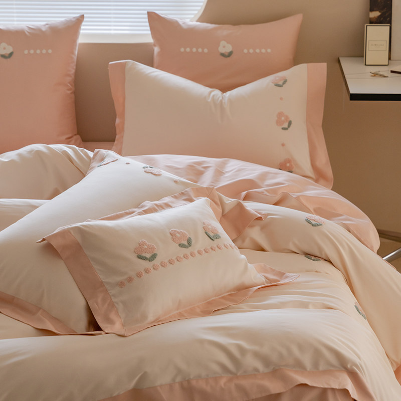 ins风100g支全棉长绒棉四件套毛巾绣萌虎被套纯棉床单四季床上用