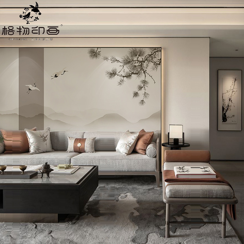 现代中式意境松山远影客厅电视背景墙纸壁布书房卧室环保定制壁画