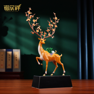 桌面客厅玄关装 中式 饰品办公室乔迁开业礼物 福鹿百财 铜鹿摆件