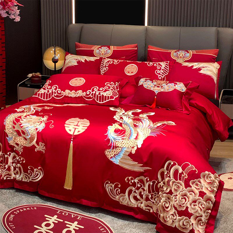 婚庆四件套大红刺绣龙凤结婚礼新婚房喜被绣花六八十件套床上用品