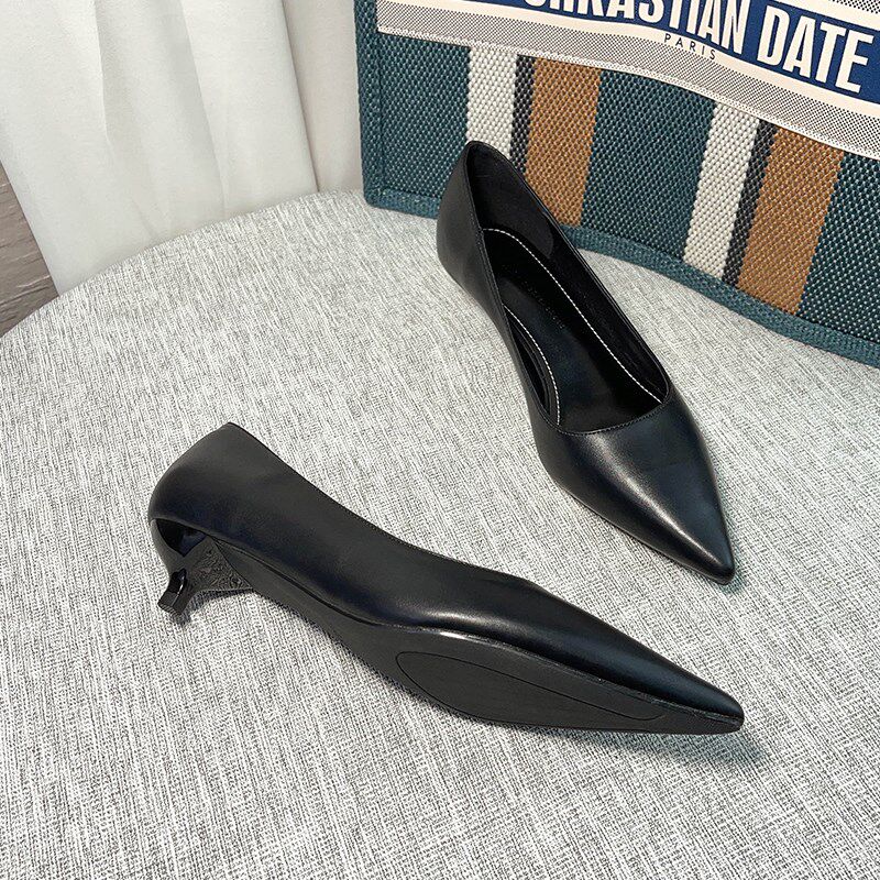 高跟鞋女小跟工装皮鞋p久站不累脚新款空姐职业工作鞋黑色尖头单