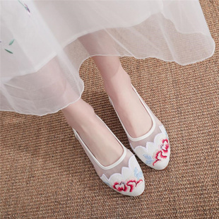 新款2021夏季网l纱绣花布鞋网鞋增高民族风软底高跟时尚尖头女单