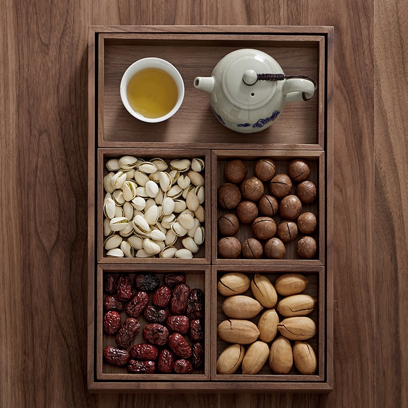 黑胡桃实木托盘日式长方形茶盘木质托盘家用茶水杯水具托盘六件套