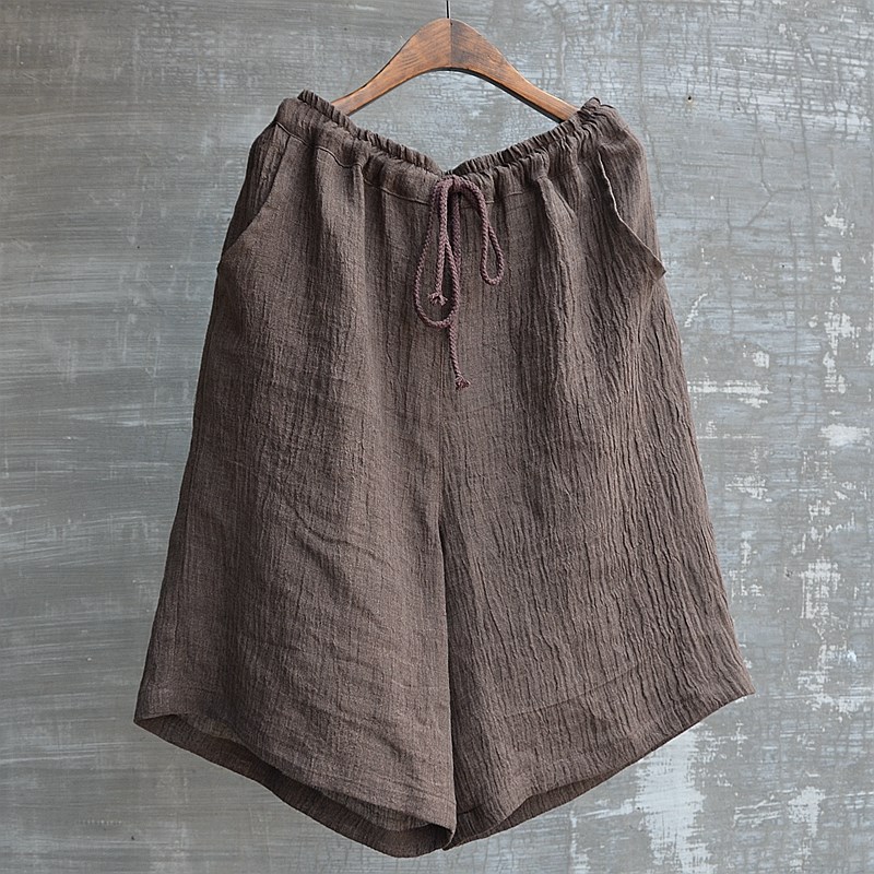 夏季稀疏褶皱亚麻五分裤热裤沙滩裤宽松休闲透气凉快咖啡色大码帅