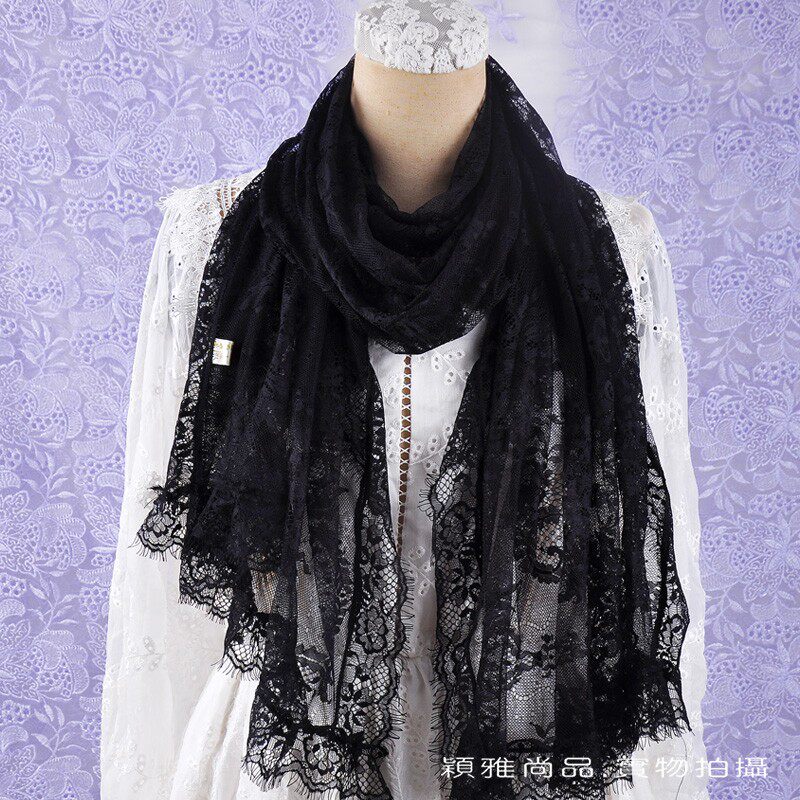 柔软淡雅百搭长条黑色女纱巾薄丝巾 镂空蕾丝围巾披肩
