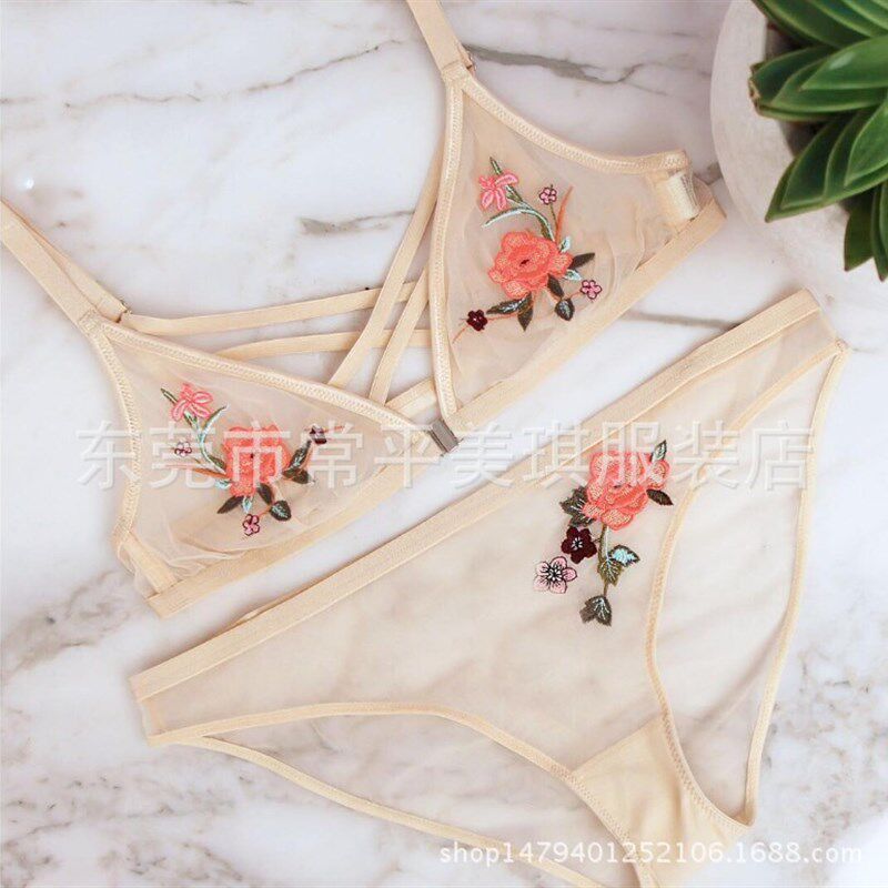 超薄内衣奢华刺绣无钢圈文胸套装 夏季美背肤色文胸前扣套装