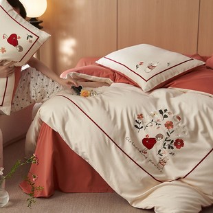 50支双股秋冬加厚磨毛保暖绣花18m床上三四件套女孩全棉被套床单