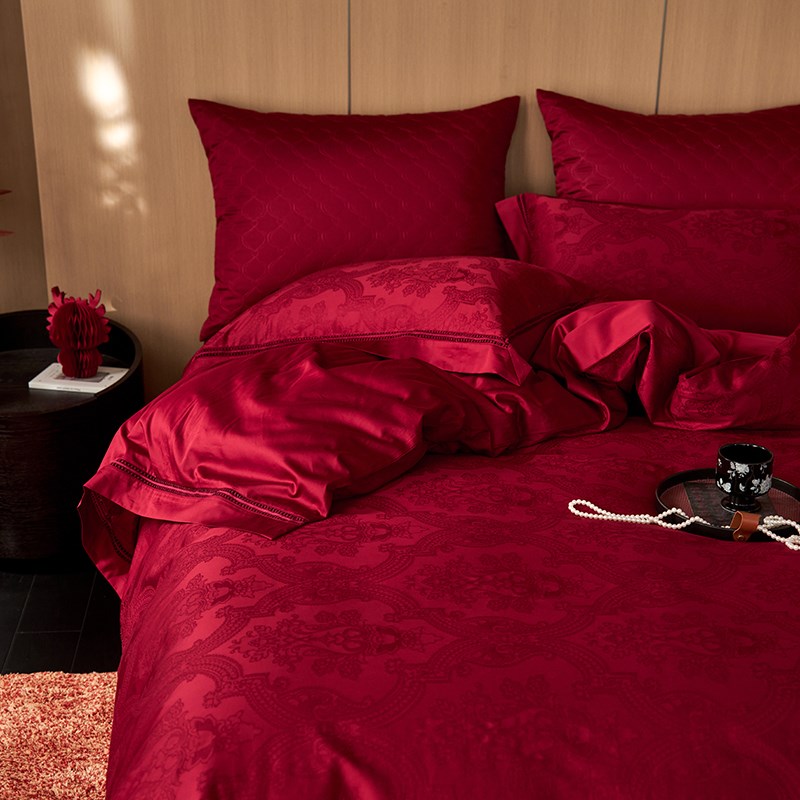高奢风~100S婚庆大红色全棉长绒棉提花结婚四件套纯棉被套床单款