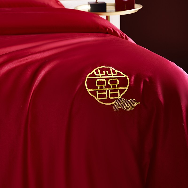 简约喜字100S长绒棉婚庆四件套大红色纯棉被套结婚嫁送礼床上用品