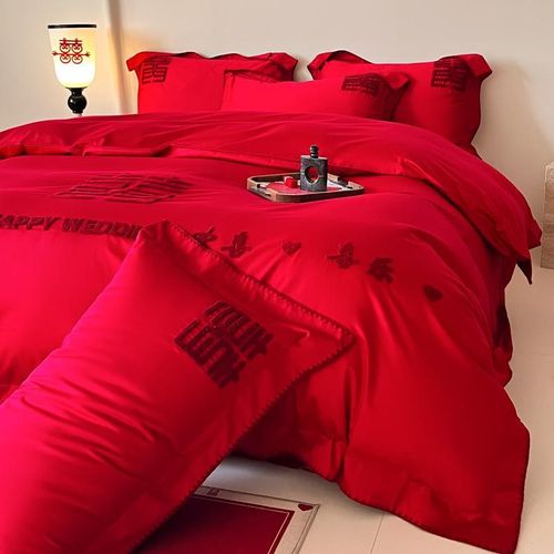 高级感全棉婚庆四件套喜字刺绣结婚红色婚房被套床单床上用品
