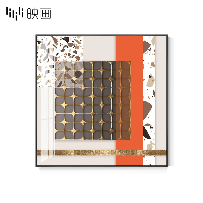 餐厅装饰画金属玻璃样板间背景墙画抽象大正方形橙色挂画玄关壁画图片