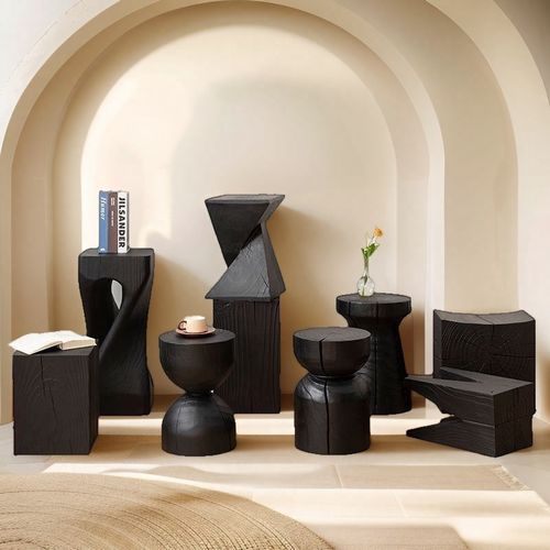 侘寂风实木碳化木墩子边几原木根雕花架凳子黑色矮凳民宿木桩摆件