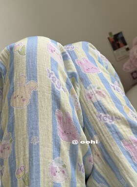 这么舒服怎才上啊!泰清新啦!甜美小动物绿条纹睡裤软糯纱棉家居裤