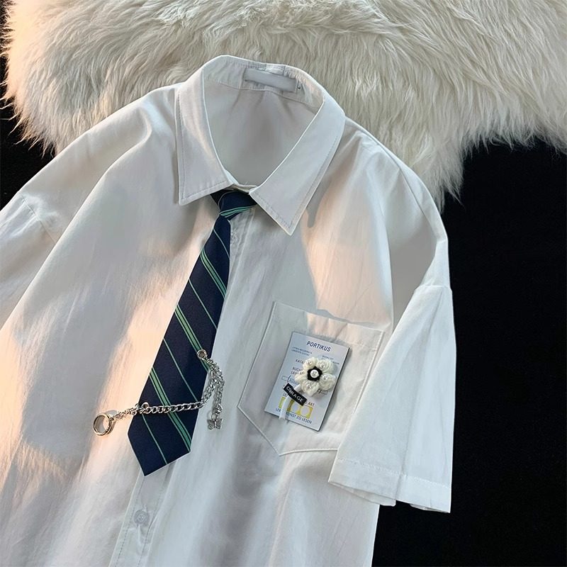 大码300斤日系学院风白色衬衫男女夏季情侣设计感小众dk制服衬衣