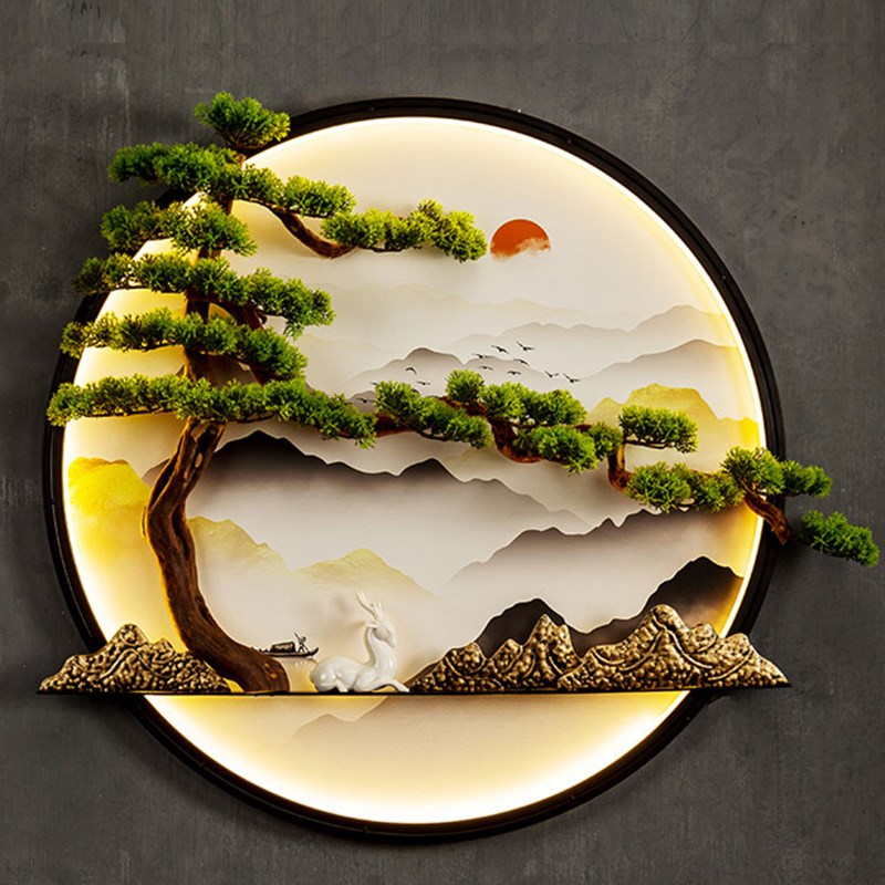 新中式迎客松壁画客厅墙面沙发背景墙茶室松树圆形挂画玄关装饰画图片