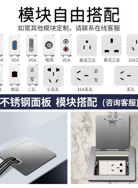 灰色地插座不锈钢地板插隐藏式防水地面插座电脑隐形网络纯平地插