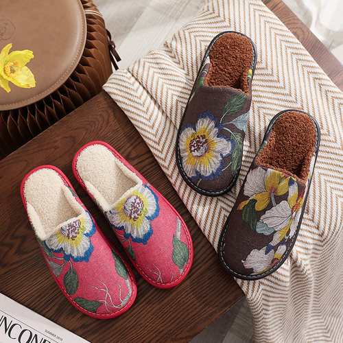 冬季家用静音中式印花布艺防滑软底居家棉拖鞋男女室X内加绒毛保