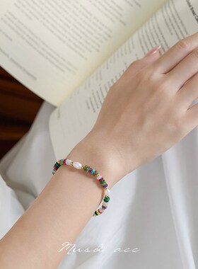 多巴胺彩色天然石串珠珍珠项炼女小众叠戴款锁骨炼手炼秋冬毛衣炼