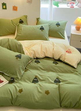 ins绿色小树毛巾绣水洗棉床上四件套纯色被罩学生宿舍床单三件套4