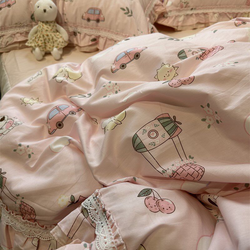 卡通童趣公主花边童年梦床裙四件套全棉1.5m1.8米被套三件式床组