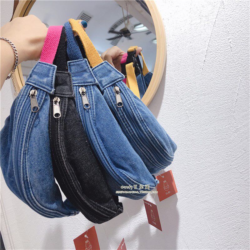 春季新款儿童牛仔腰包彩色包带男童胸包个性特别款T潮童斜挎零钱