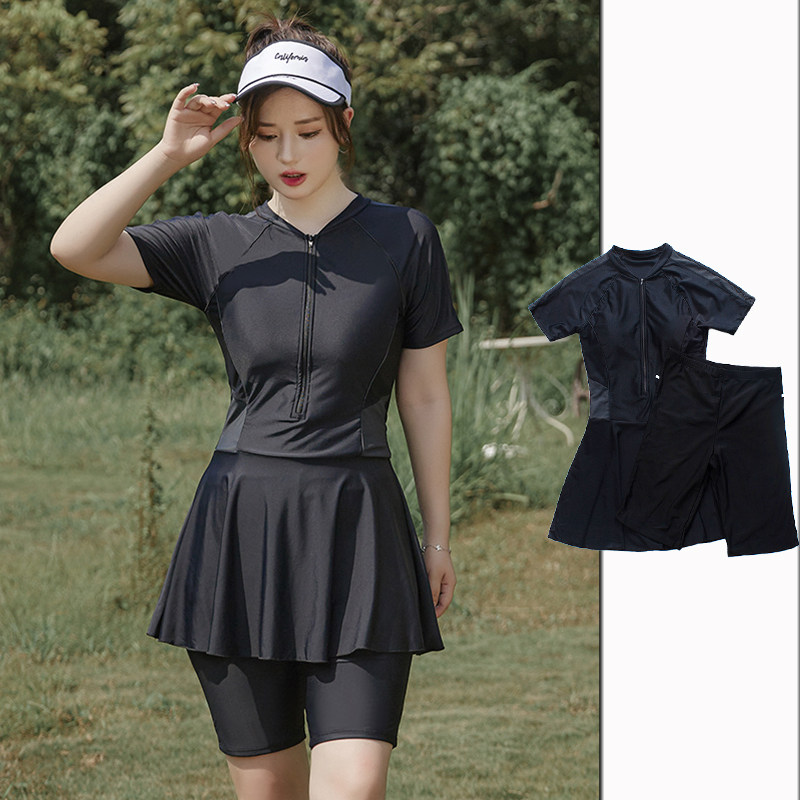 大码泳衣女胖mm200斤遮肉显瘦分体五分L裤胖妹妹保守游泳装泡温泉