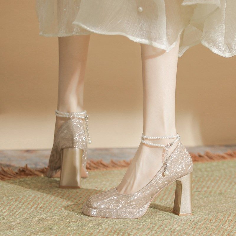 香槟色高跟鞋女粗跟新娘主婚鞋不累脚2024新款春季仙女鞋温柔单鞋,女鞋,婚鞋,淘宝优惠券,粉丝福利购,淘宝优惠卷