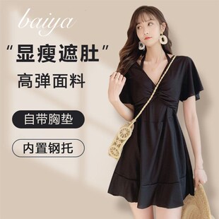 泳衣女连体微胖女孩遮肉钢圈大胸遮肚显瘦高级冬天泡温.泉大码 泳