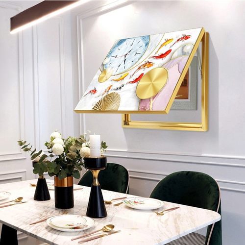 九鱼图餐厅挂画电表箱装饰画带钟表免打孔遮挡挂画配电箱开关盒画
