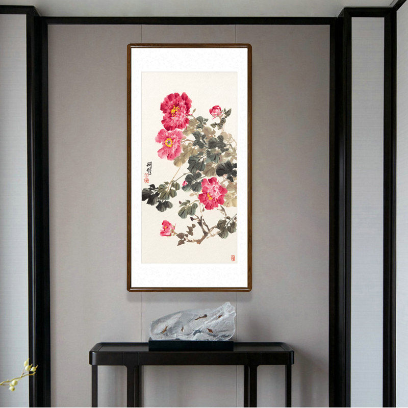 国画牡丹画花开富贵字画客厅入户玄关装饰画过道竖版壁画书房挂画