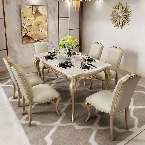 美式实木餐桌椅组合长方形大理石餐桌 欧式橡木餐厅吃饭桌子