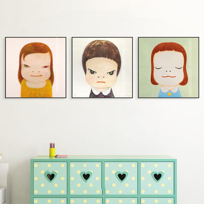 可爱nara装饰画奈良美智挂画儿童房三联画女孩房间卧室卡通创意画图片