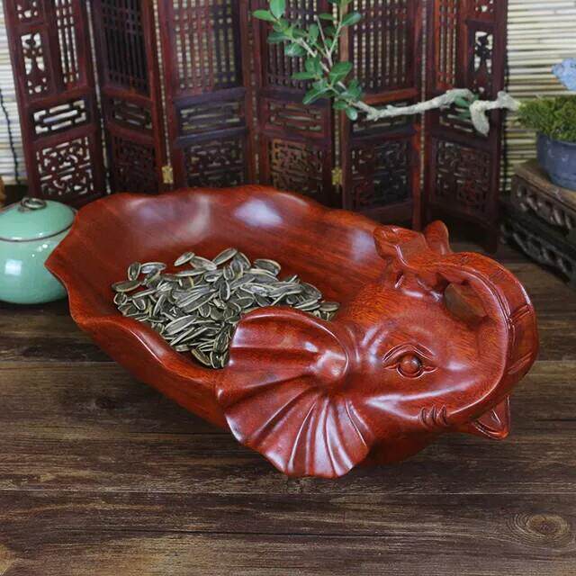 实木雕刻果盘摆件大象果盘家居装饰品实木茶几果盘红木工艺品花梨