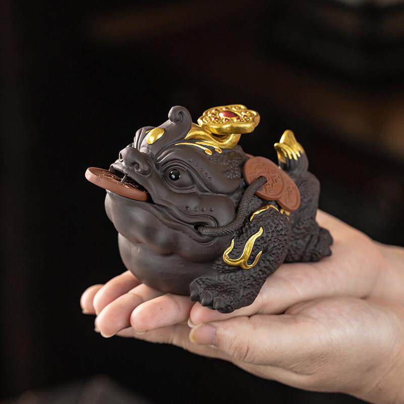 紫砂三足如意金蟾茶宠摆件精品可养招财茶桌茶台装饰摆件茶具配件