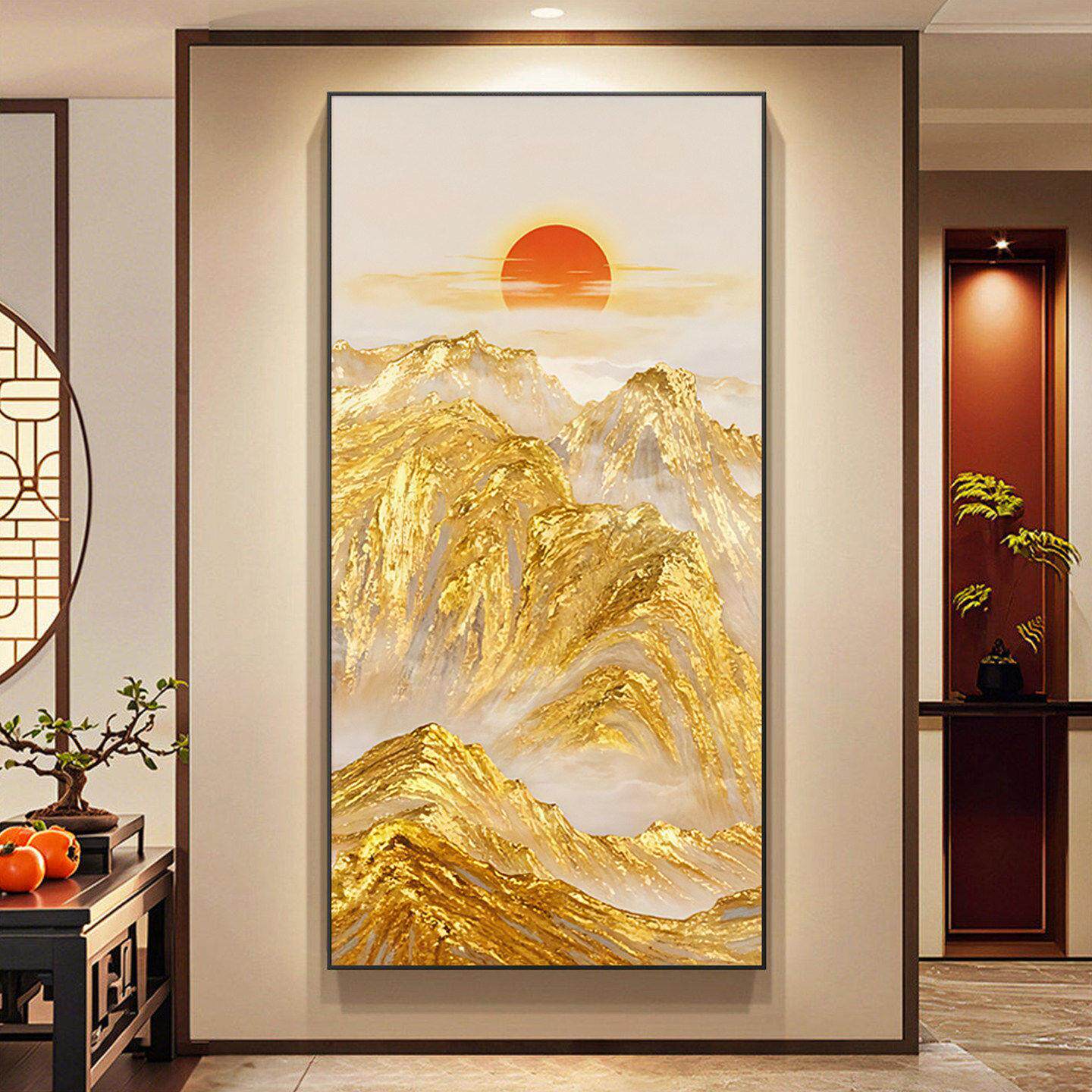 日照金山玄关装饰画新中式客厅入户正对门挂画走廊过道聚财风景画