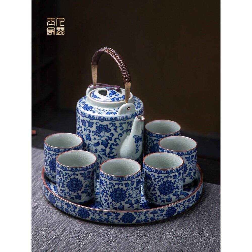 景德镇汝窑见山烧青花瓷功夫茶具套装家用景德镇陶瓷茶壶老陶泥大