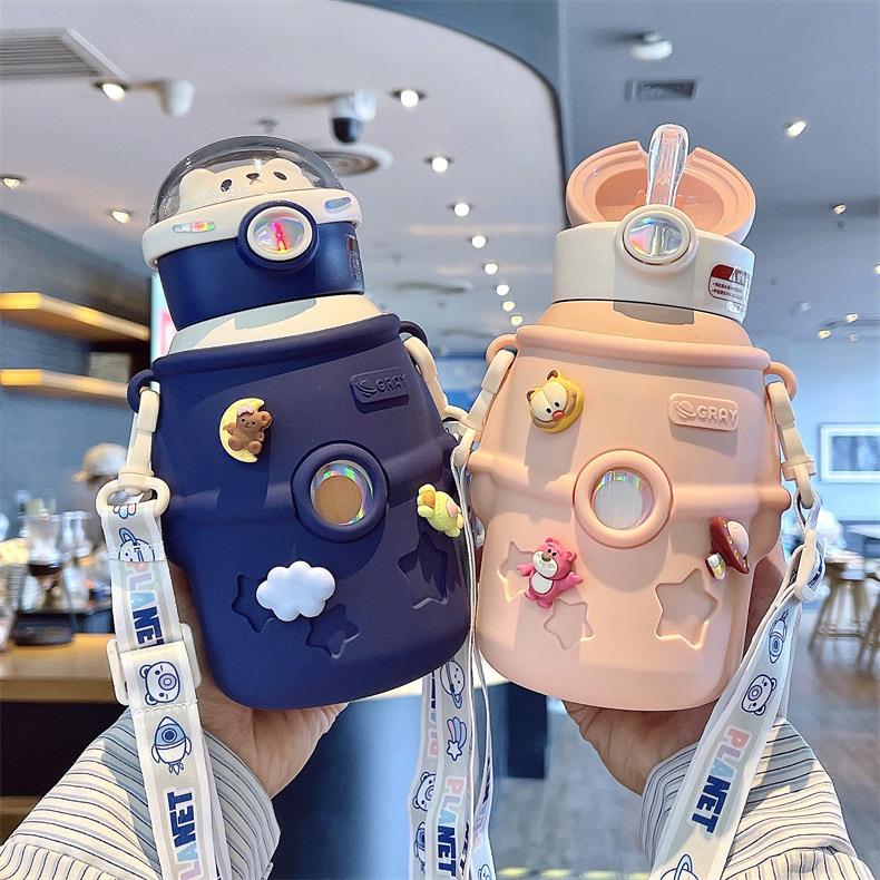 小茶日记保温杯家用儿童1到3岁吸管学生大容量便携304不锈钢水杯