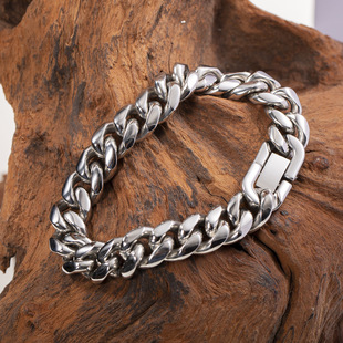 宽版古巴手链钛钢银白色嘻哈简约个性情侣手环男女潮搭手腕装饰品