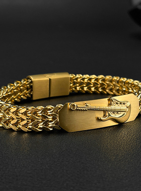 金色古巴链钛钢双层手链欧美男不锈钢编织双排磁铁扣吉他手链首饰