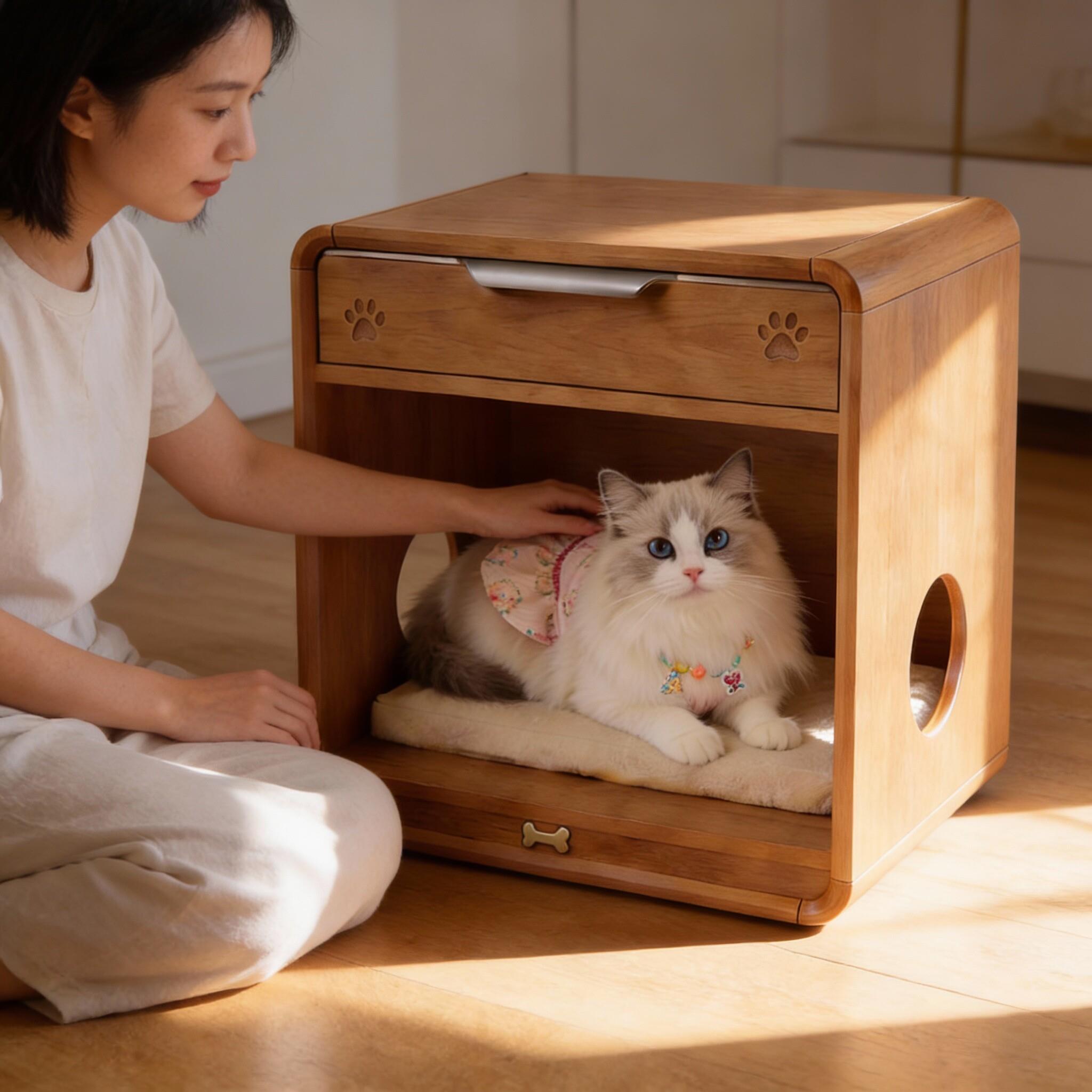 实木床头柜猫窝一体收纳柜简约现代卧室宠物床头柜人宠共用家具