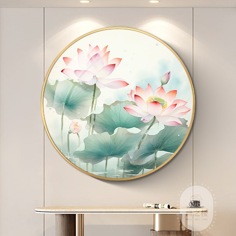 荷花玄关装饰画新中式客厅圆形挂画餐厅莲花静心茶室布置酒店壁画图片